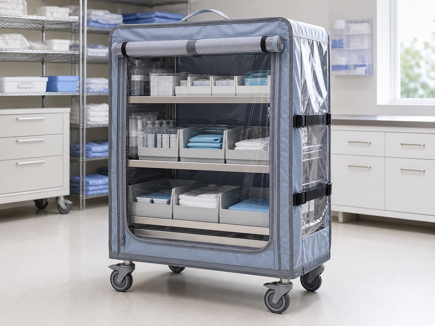 Clear PVC and Oxford fabric cover fitted to a medical supply cart